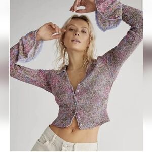 NEW Free People Amelia Smocked Floral Cropped Shirt Bell Sleeves Boho Size M